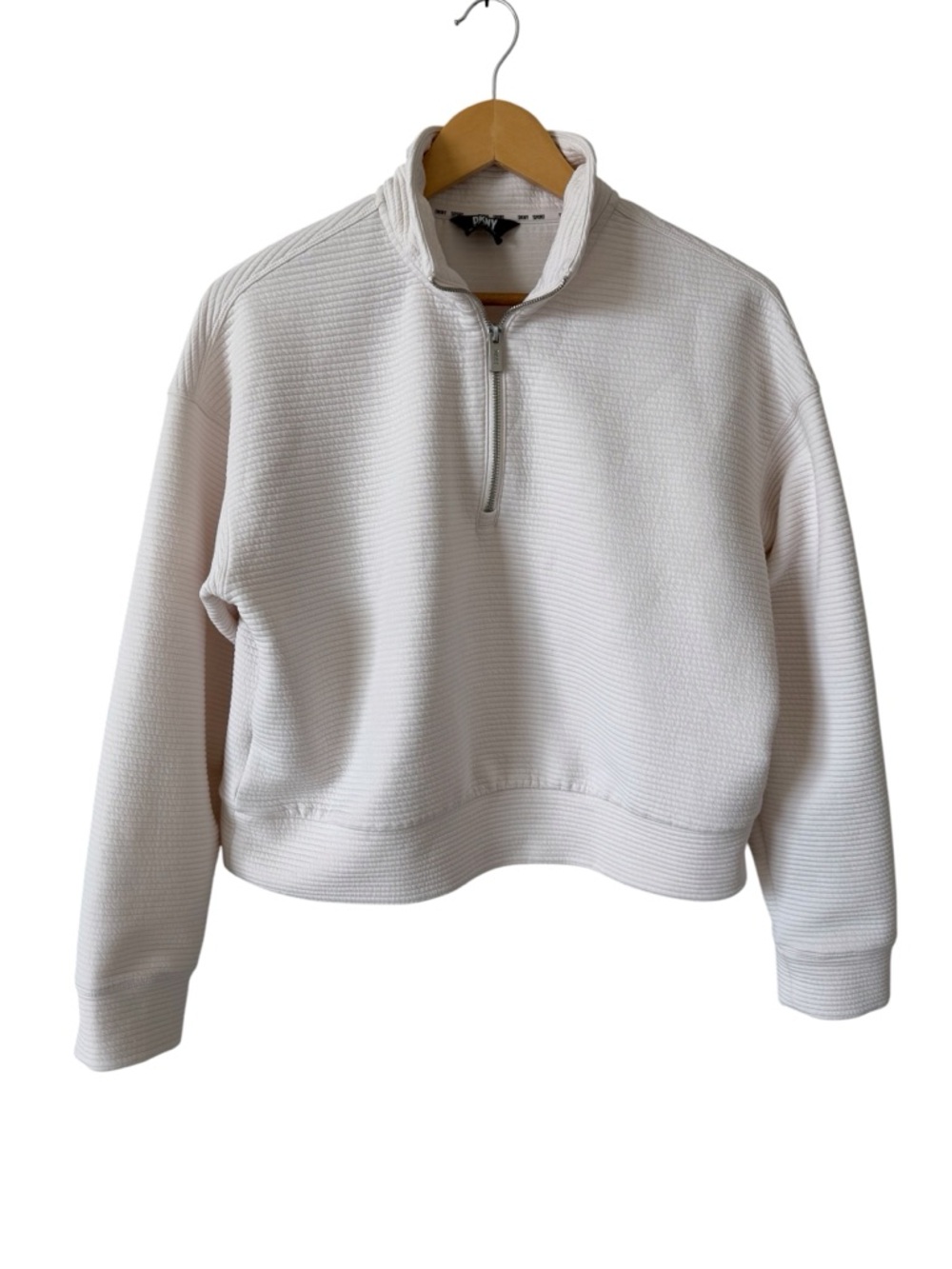 DKNY Sport Cropped Quarter Zip Pullover White Textured Sweater M Athleisure